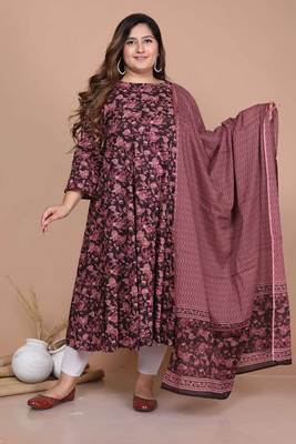 women's stunning maroon colored festivwear floral printed round neck anarkali kurta dupatta set 1