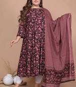 women's stunning maroon colored festivwear floral printed round neck anarkali kurta dupatta set