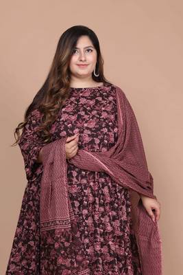 women's stunning maroon colored festivwear floral printed round neck anarkali kurta dupatta set 2