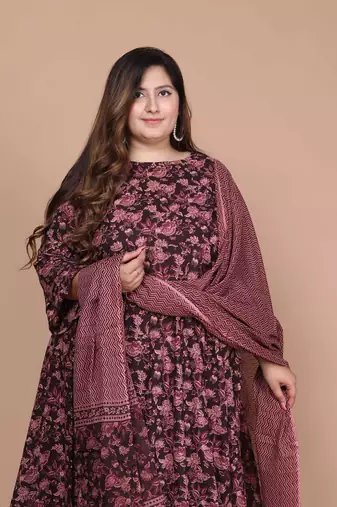 women's stunning maroon colored festivwear floral printed round neck anarkali kurta dupatta set