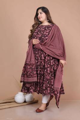 women's stunning maroon colored festivwear floral printed round neck anarkali kurta dupatta set 4