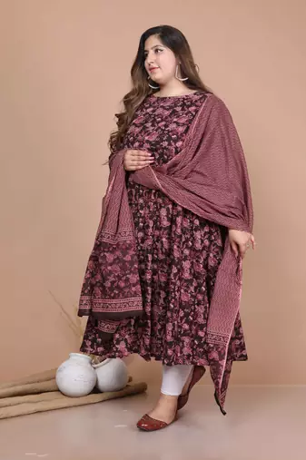 women's stunning maroon colored festivwear floral printed round neck anarkali kurta dupatta set