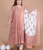 women's surpassing orange colored partywaer floral printed cotton kurta dupatta set