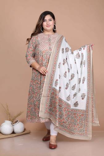 women's partywear brown floral printed gota work long anarkali with dupatta set