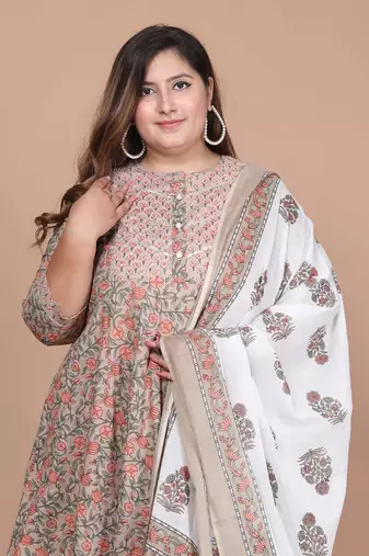 women's partywear brown floral printed gota work long anarkali with dupatta set