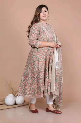 women's partywear brown floral printed gota work long anarkali with dupatta set