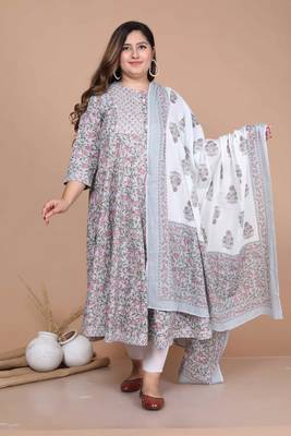 women's blue printed with gota patti work anarkali with dupatta set 1