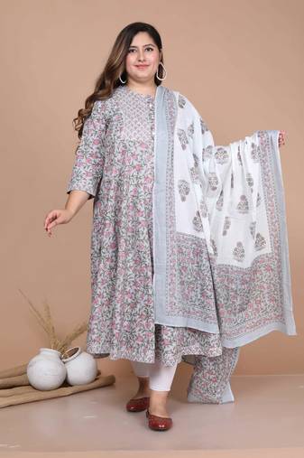 women's blue printed with gota patti work anarkali with dupatta set