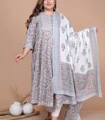 women's blue printed with gota patti work anarkali with dupatta set