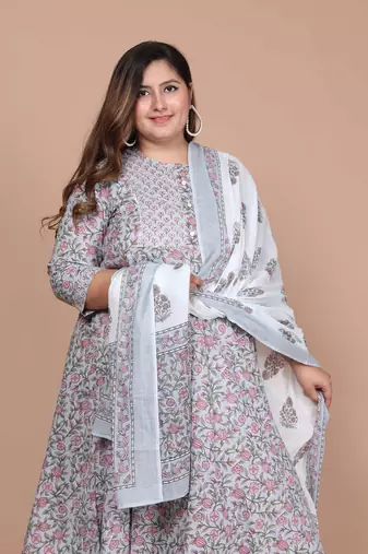women's blue printed with gota patti work anarkali with dupatta set