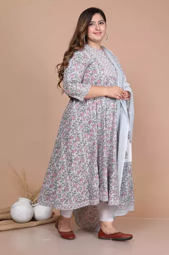 women's blue printed with gota patti work anarkali with dupatta set