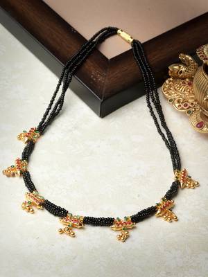 Ethnic black beads and kundan work gold plated pendants choker necklace mangalsutra 1