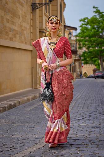 Maroon color weaving border silk blend saree with blouse