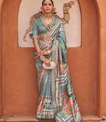 Light Teal Color Digitally Printed Weaving Silk Blend Saree With Blouse
