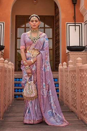 Lavender Color Digitally Printed Weaving Silk Blend Saree With Blouse