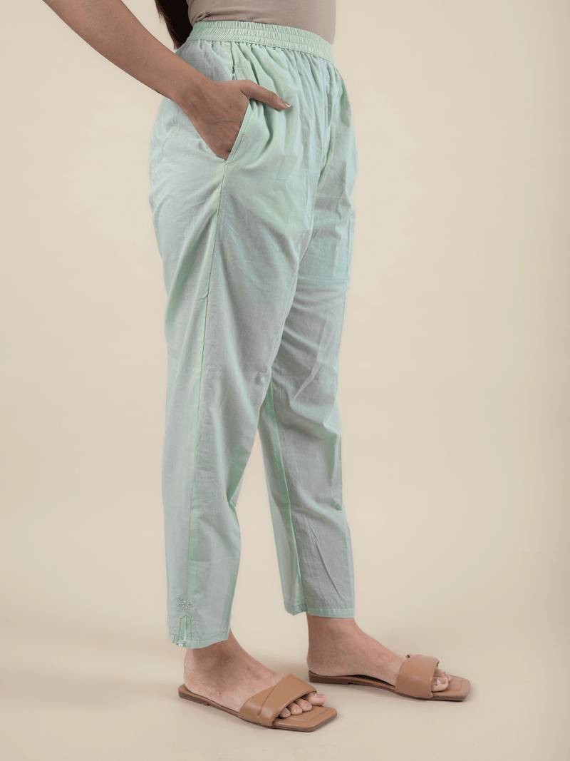 Pista hand embroidered cotton kurta paired with matching pant