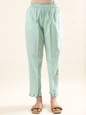 Green hand embroidered cotton kurta paired with matching pant 5