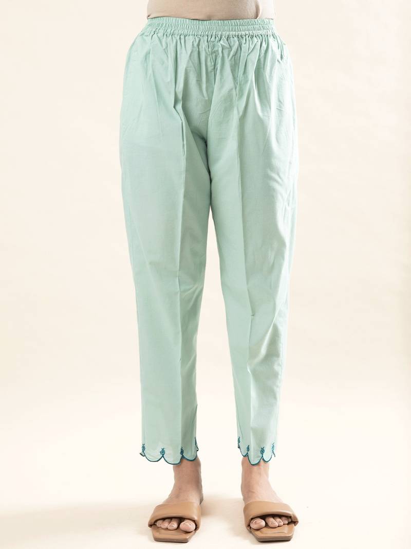 Green hand embroidered cotton kurta paired with matching pant