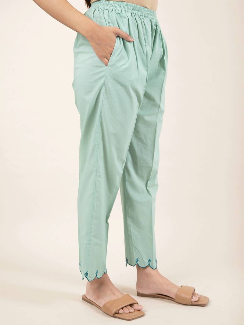 Green hand embroidered cotton kurta paired with matching pant