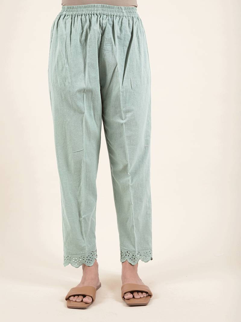 Green hand resham embroidered cotton kurta paired with matching pant