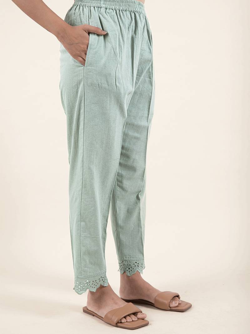 Green hand resham embroidered cotton kurta paired with matching pant