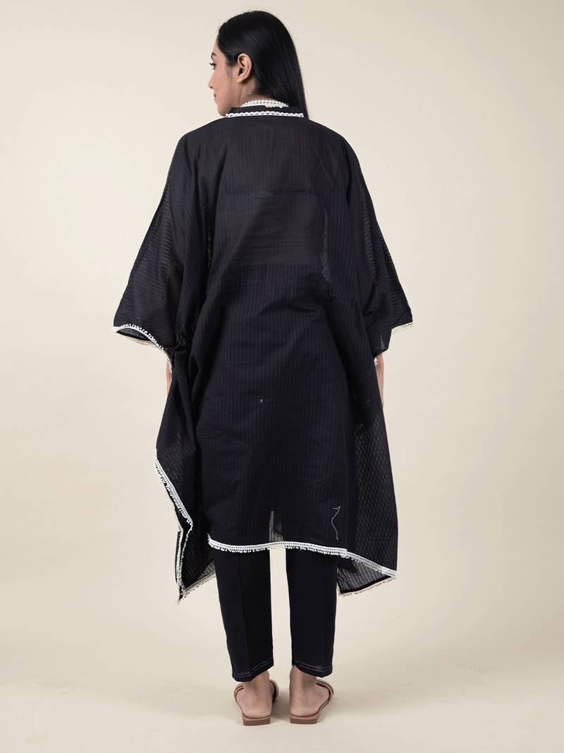 Black cotton kaftan with belt paired with matching pant