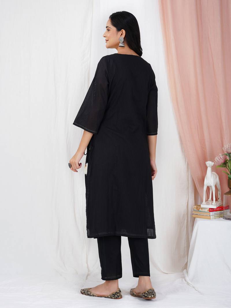 Black hand embroidered cotton angrakha kurta paired with matching pant