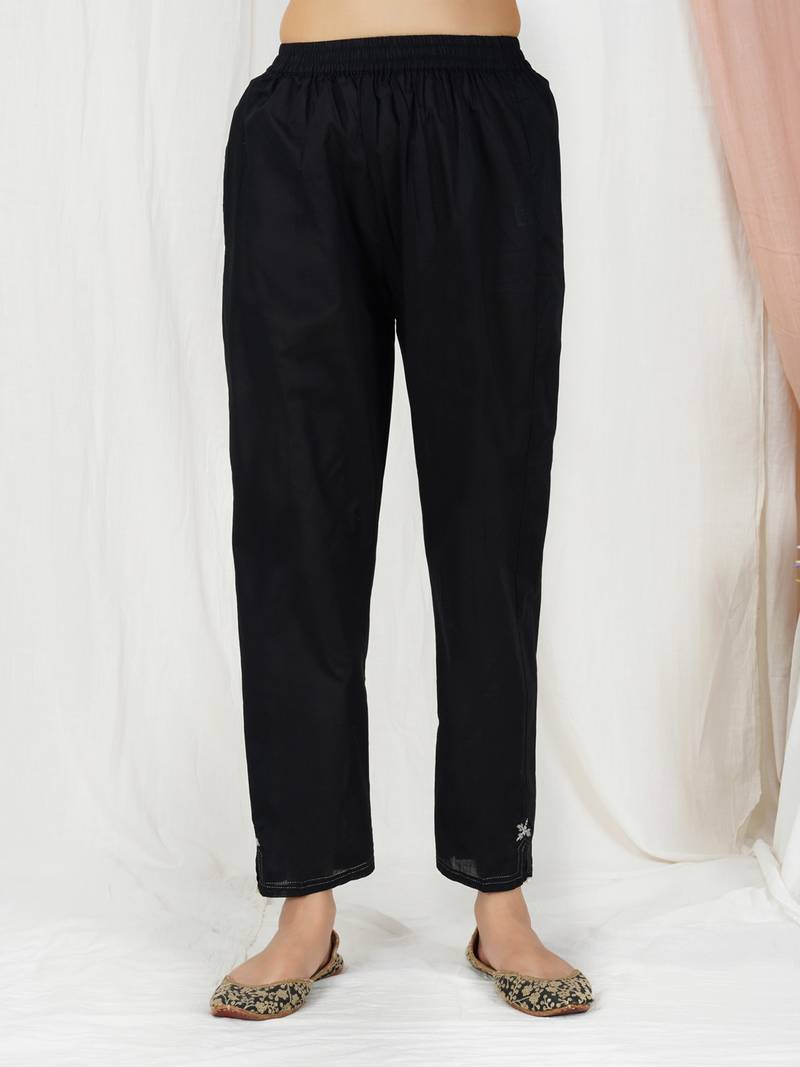 Black hand embroidered cotton angrakha kurta paired with matching pant