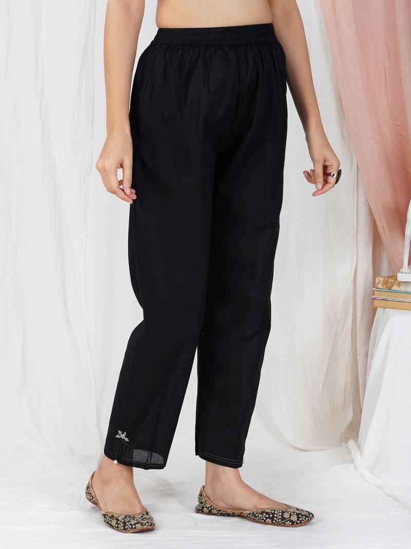 Black hand embroidered cotton angrakha kurta paired with matching pant