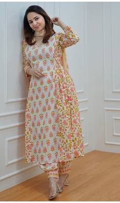 Flower printed rayon anarkali kurti with pant and dupatta 5