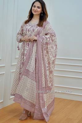 Flower printed rayon anarkali kurti with pant and dupatta 3