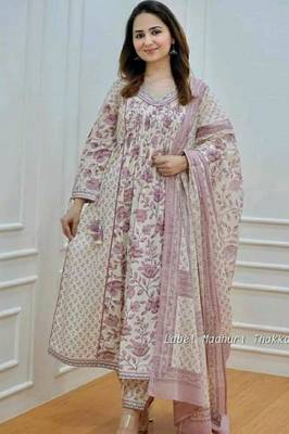Flower printed rayon anarkali kurti with pant and dupatta 4