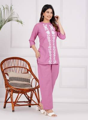 baby pink cord set embroidery short kuri with pant 1