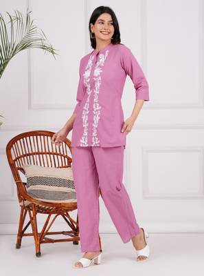 baby pink cord set embroidery short kuri with pant 3
