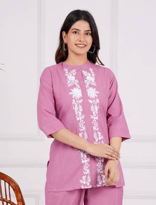 baby pink cord set embroidery short kuri with pant 4