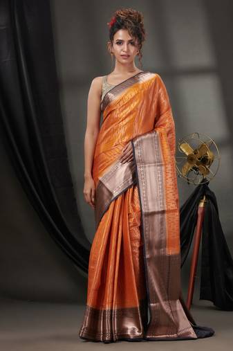 Orange Blended Silk Handwoven Saree With Woven Zari Designs