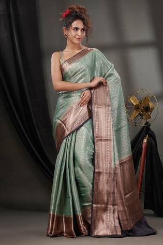 Ice Blue Blended Silk Handwoven Saree With Woven Zari Designs