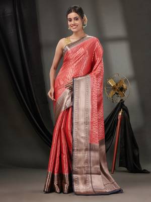 Red Blended Silk Handwoven Saree With Woven Zari Designs 1