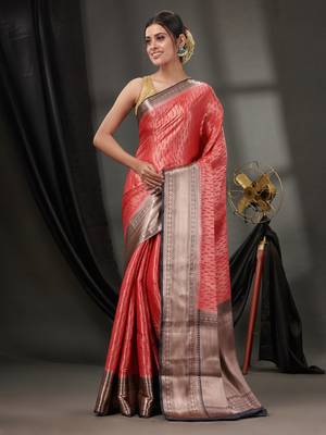 Red Blended Silk Handwoven Saree With Woven Zari Designs 2