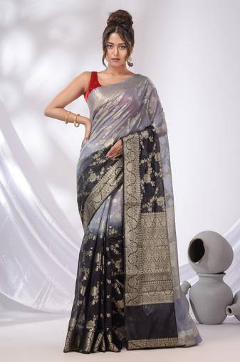 Black And Grey Georgette Handwoven Saree With Floral Nakshi Designs