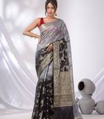 Black And Grey Georgette Handwoven Saree With Floral Nakshi Designs