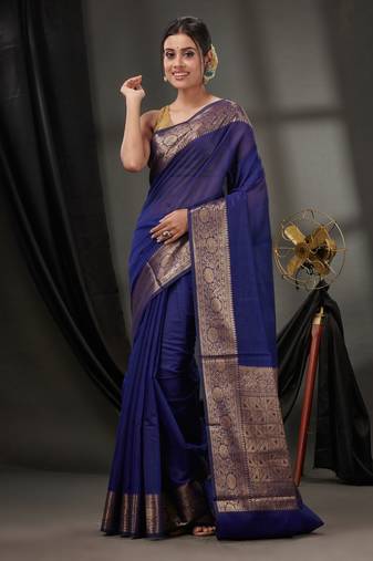 Blue Cotton Blend Handwoven Saree With Zari Borders