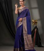 Blue Cotton Blend Handwoven Saree With Zari Borders