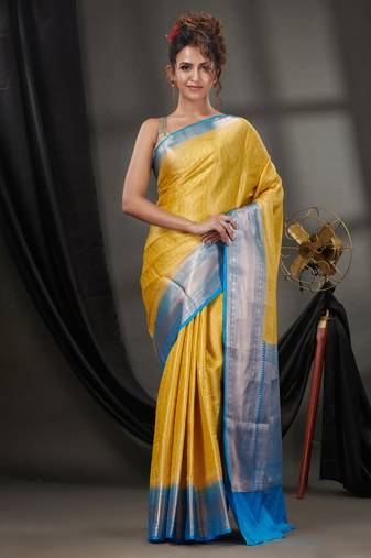 Yellow Blended Silk Handwoven Saree With Woven Zari Designs