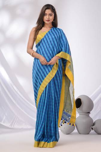 Blue Linen Handwoven Saree With Checked Box Designs