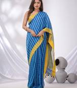 Blue Linen Handwoven Saree With Checked Box Designs