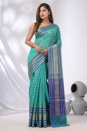 Sea Green Cotton Blend Handwoven Saree With Texture Designs