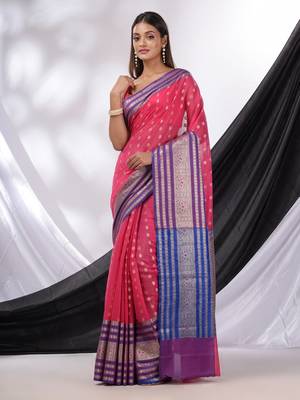 Hot Pink Cotton Blend Handwoven Saree With Texture Designs 1