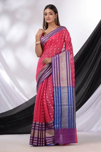 Hot Pink Cotton Blend Handwoven Saree With Texture Designs