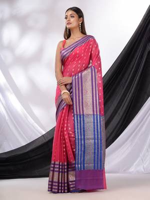 Hot Pink Cotton Blend Handwoven Saree With Texture Designs 2